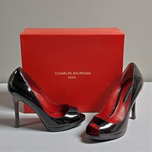 Charles Jourdan Paris Glossy Black Patent Leather Peep Toe Stilettos NIB 6.5
